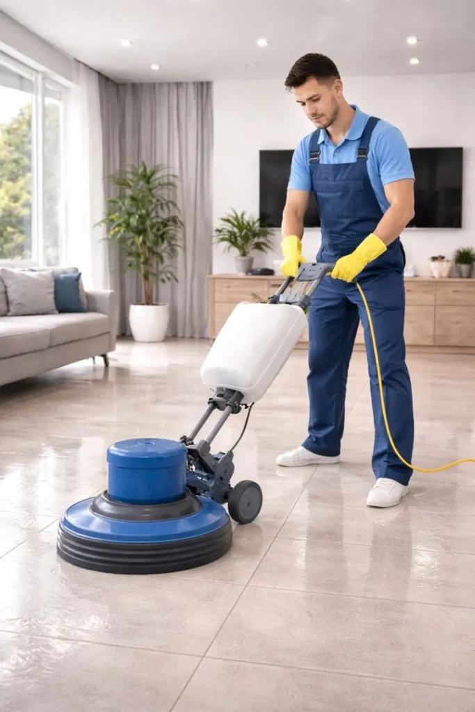 عامل من شركة تنظيف منازل في العين يقوم بتنظيف وتلميع الأرضيات باستخدام معدات احترافية داخل منزل حديث