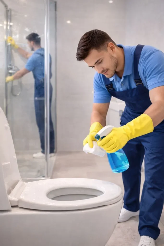عامل من شركة تنظيف منازل في العين يقوم بتنظيف وتعقيم الحمامات وإزالة الجراثيم باستخدام مواد احترافية داخل منزل