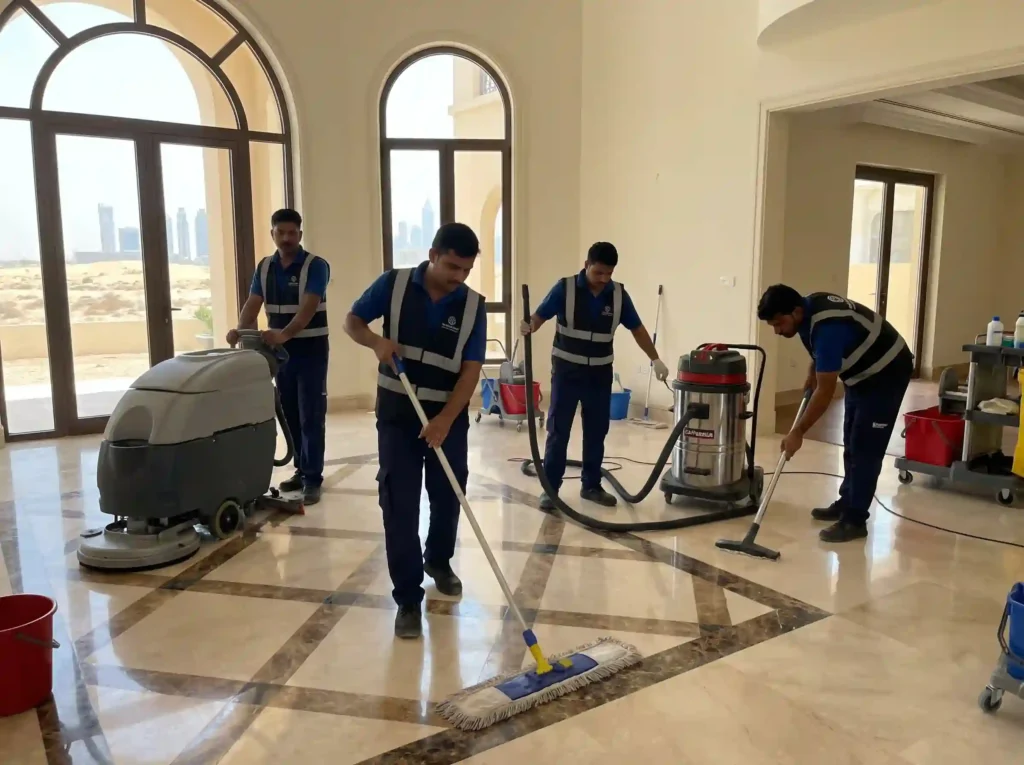 شركة تنظيف فلل بعد التشطيب عجمان - فريق محترف يقوم بتنظيف أرضيات الرخام والسيراميك